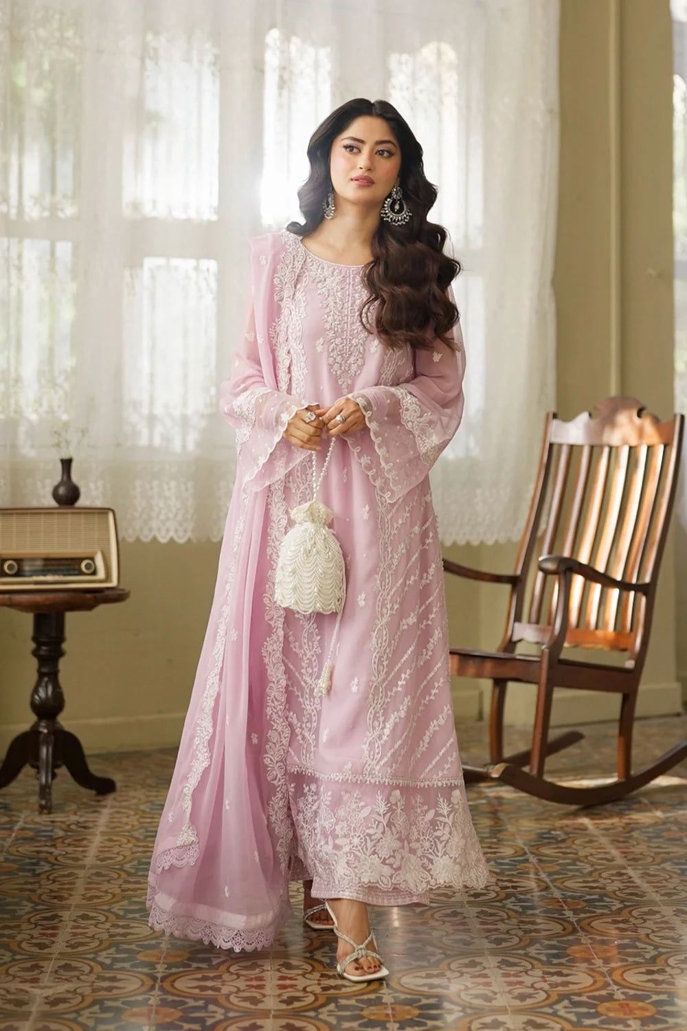 Purplish Pink Embroidered Chiffon Partywear Suit Online in Dubai UAE Abudhabi Ajman Sharjah