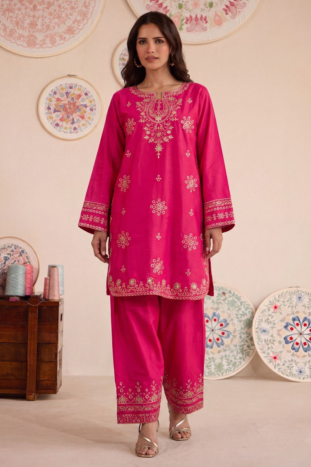 Raspberry Embroidered Lawn Kurta Set Online in Dubai UAE Abudhabi Ajman Sharjah