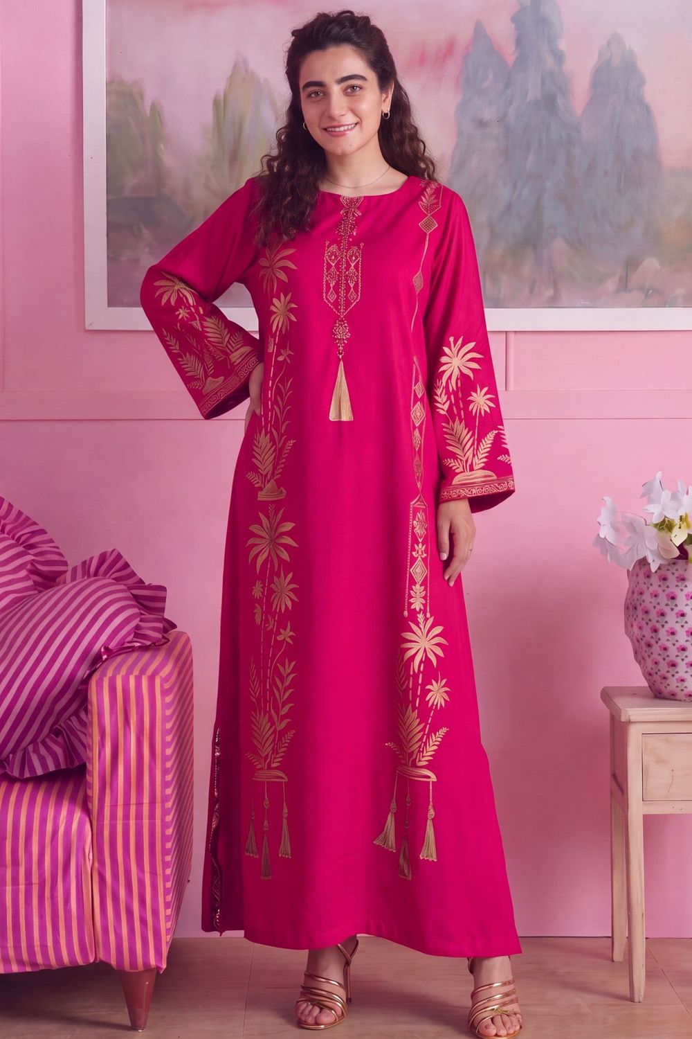 Raspberry Pink Embellished Linen Kaftan Online in Dubai UAE Abudhabi Ajman Sharjah