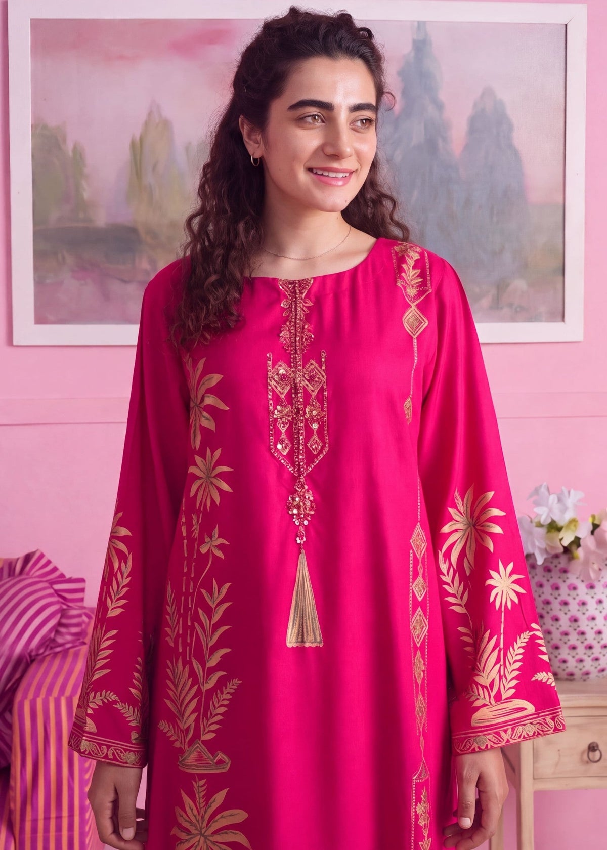 Raspberry Pink Embellished Linen Kaftan Online in KSA Riyadh Saudi Arabia Oman Bahrain Qatar