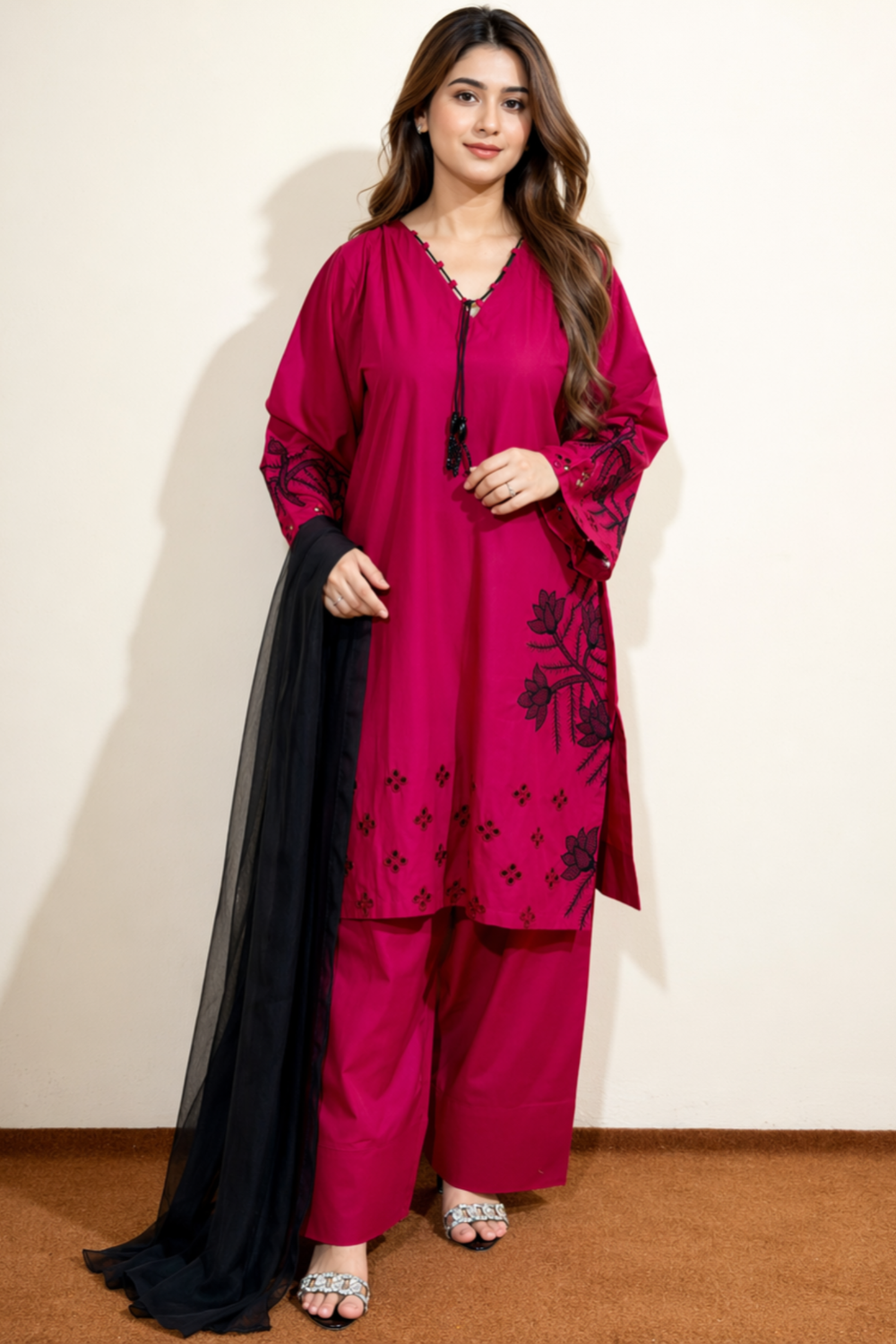Raspberry Pink Embroidered Lawn Farshi Shalwar Suit Online in Dubai UAE Abudhabi Ajman Sharjah