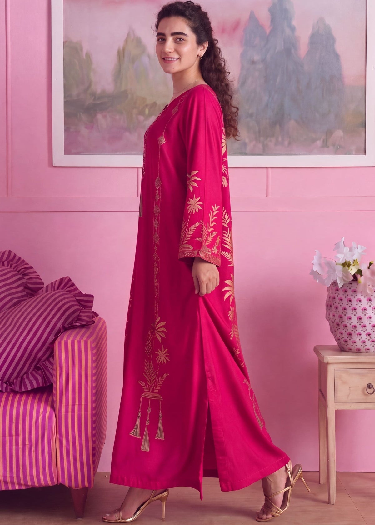 Raspberry Pink Linen Kaftan for Winter Wear Online in Dubai UAE Abudhabi Ajman Sharjah
