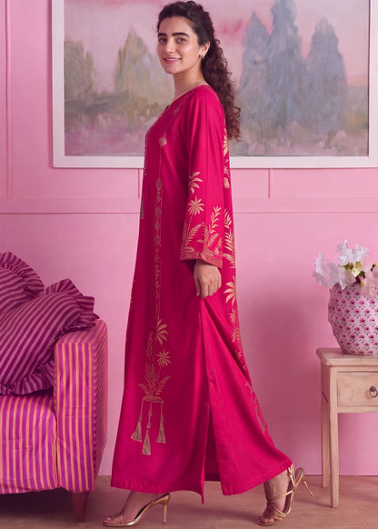 Raspberry Pink Linen Kaftan for Winter Wear Online in Dubai UAE Abudhabi Ajman Sharjah