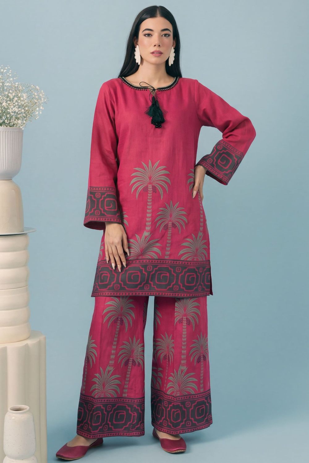 Raspberry Pink Printed Khaddar Tunic Suit Online in Dubai UAE Abudhabi Ajman Sharjah