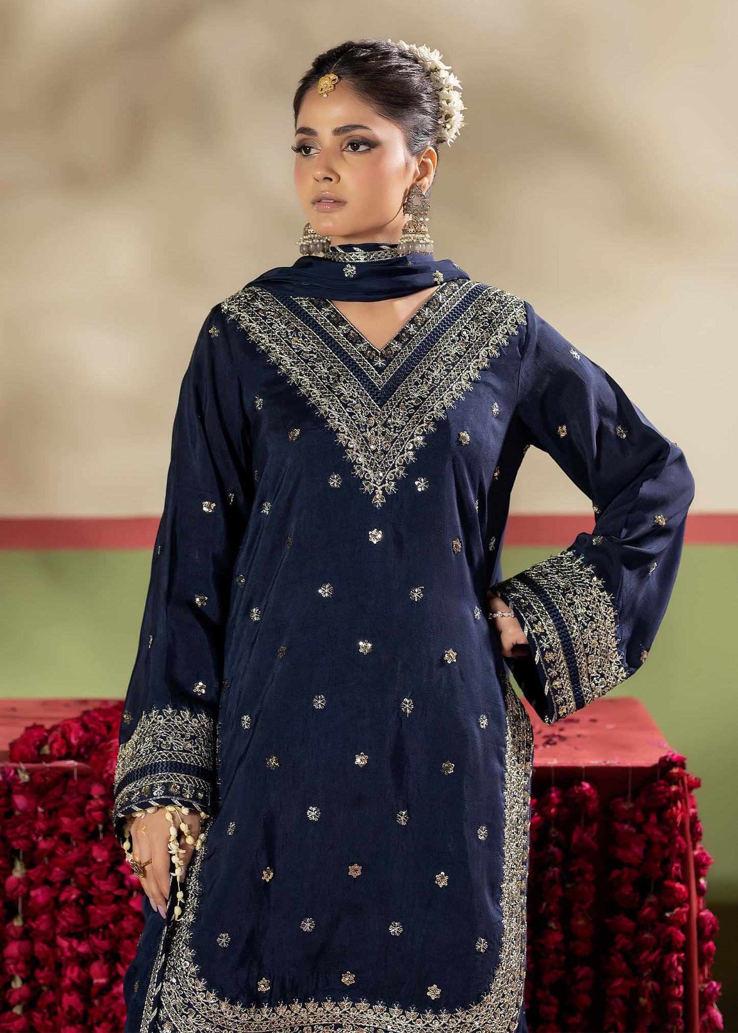 Raw Silk Blue Farshi Shalwar Pakistani Outfit Online in KSA Riyadh Saudi Arabia Oman Bahrain Qatar