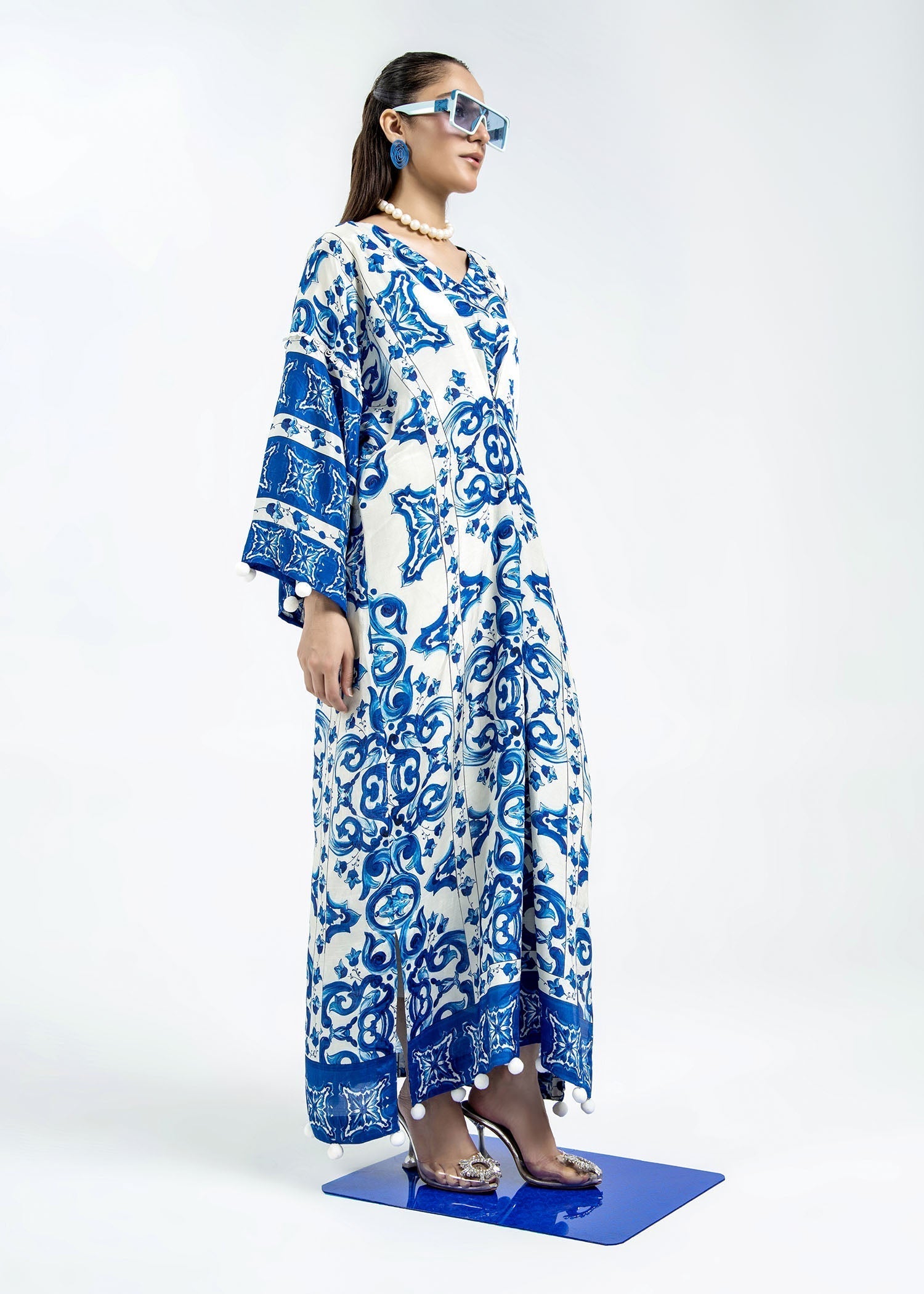 Raw Silk Blue Kaftan with Capri Online in Dubai UAE Abudhabi Ajman Sharjah
