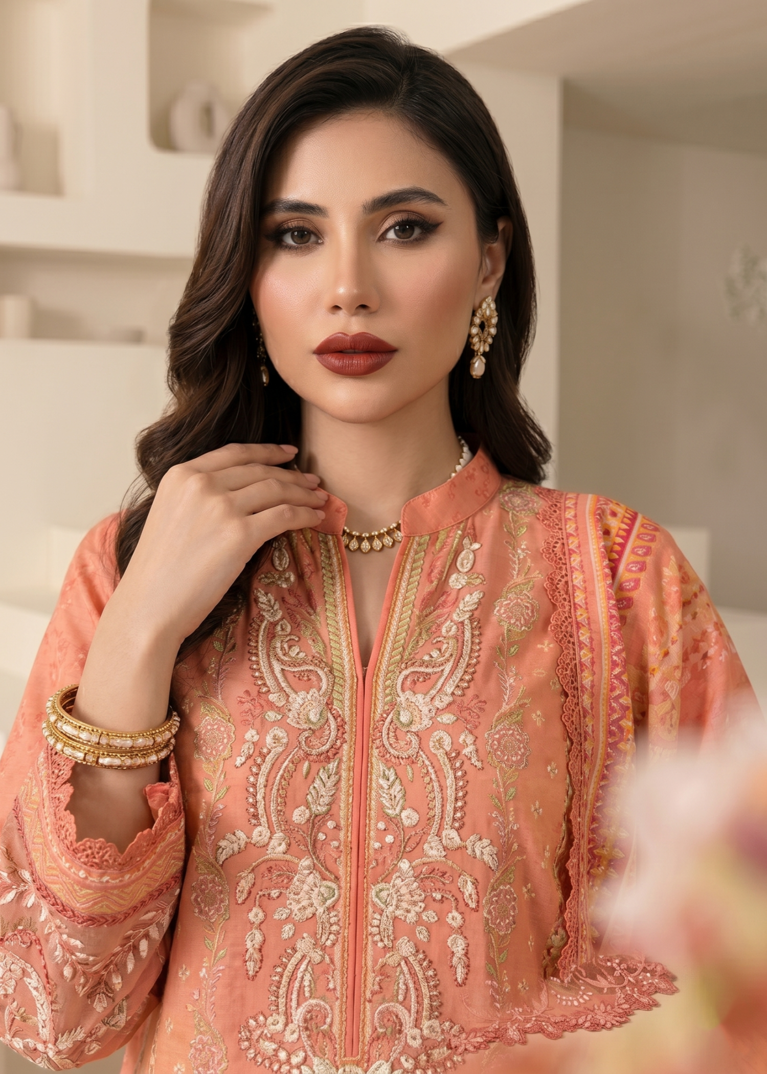 Raw Silk Coral Pink Party Wear Salwar Kameez Online in KSA Riyadh Saudi Arabia Oman Bahrain Qatar