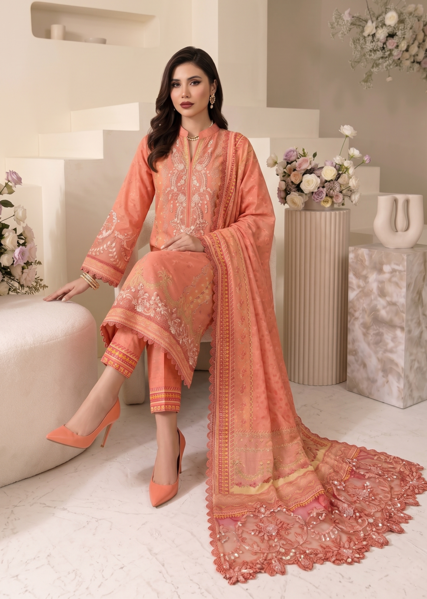 Raw Silk Coral Pink Straight Trouser Suit Online in KSA Riyadh Saudi Arabia Oman Bahrain Qatar