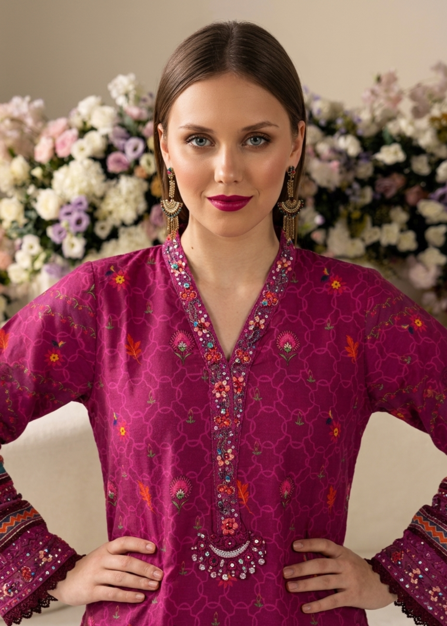 Raw Silk Embroidered Magenta Farshi Shalwar Suit Online in Dubai UAE Abudhabi Ajman Sharjah