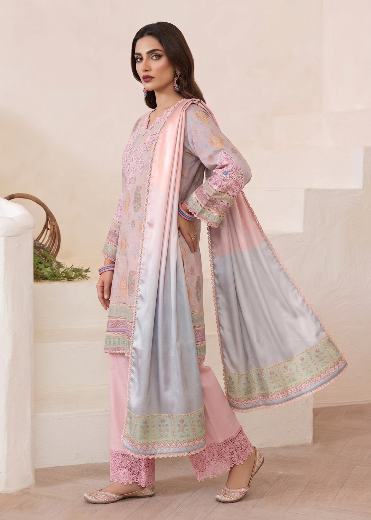 Raw Silk Embroidered Salwar Kameez Peach Pink Online in KSA Riyadh Saudi Arabia Oman Bahrain Qatar