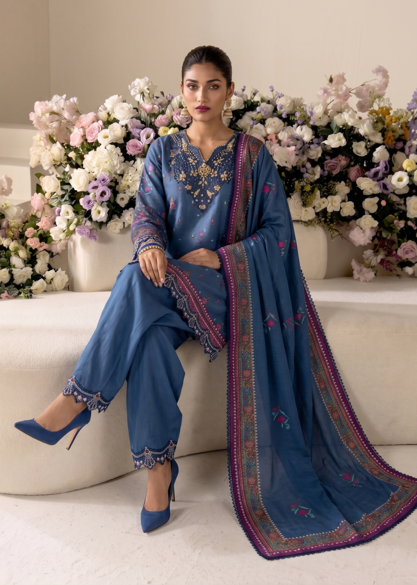 Raw Silk Embroidered Sapphire Blue Salwar Kameez Online in UK USA Canada