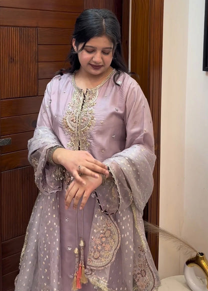 Raw Silk Lilac Embroidered Wedding Guest Suit Online in Dubai UAE Abudhabi Ajman Sharjah
