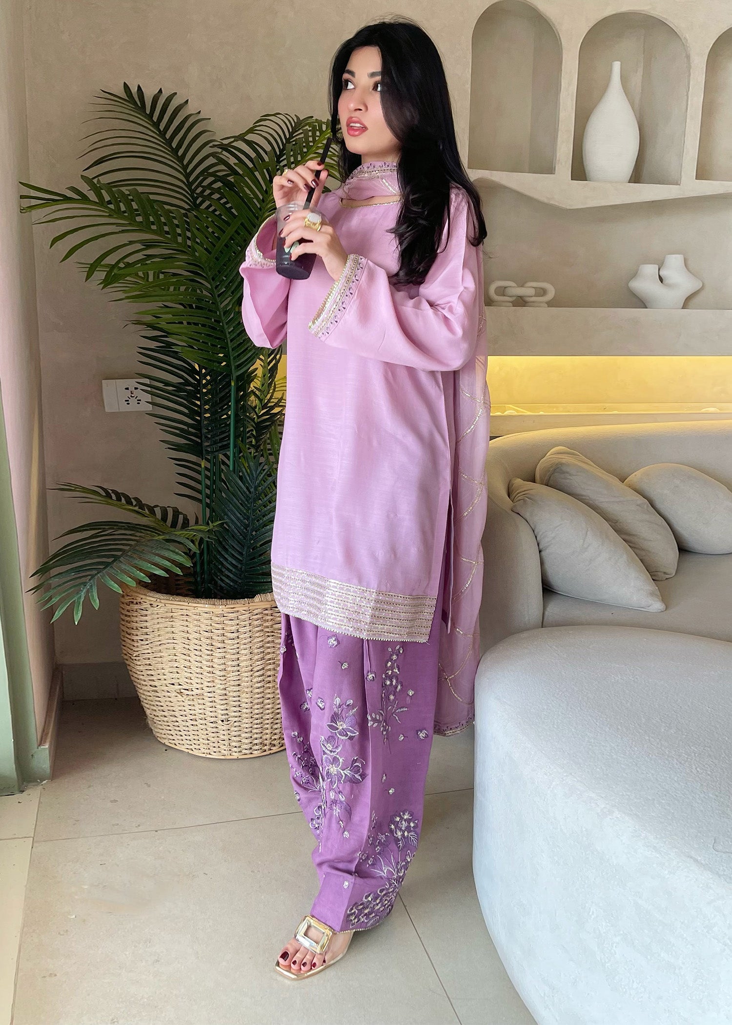 Raw Silk Lilac Farshi Shalwar with Sequence Work Online in KSA Riyadh Saudi Arabia Oman Bahrain Qatar