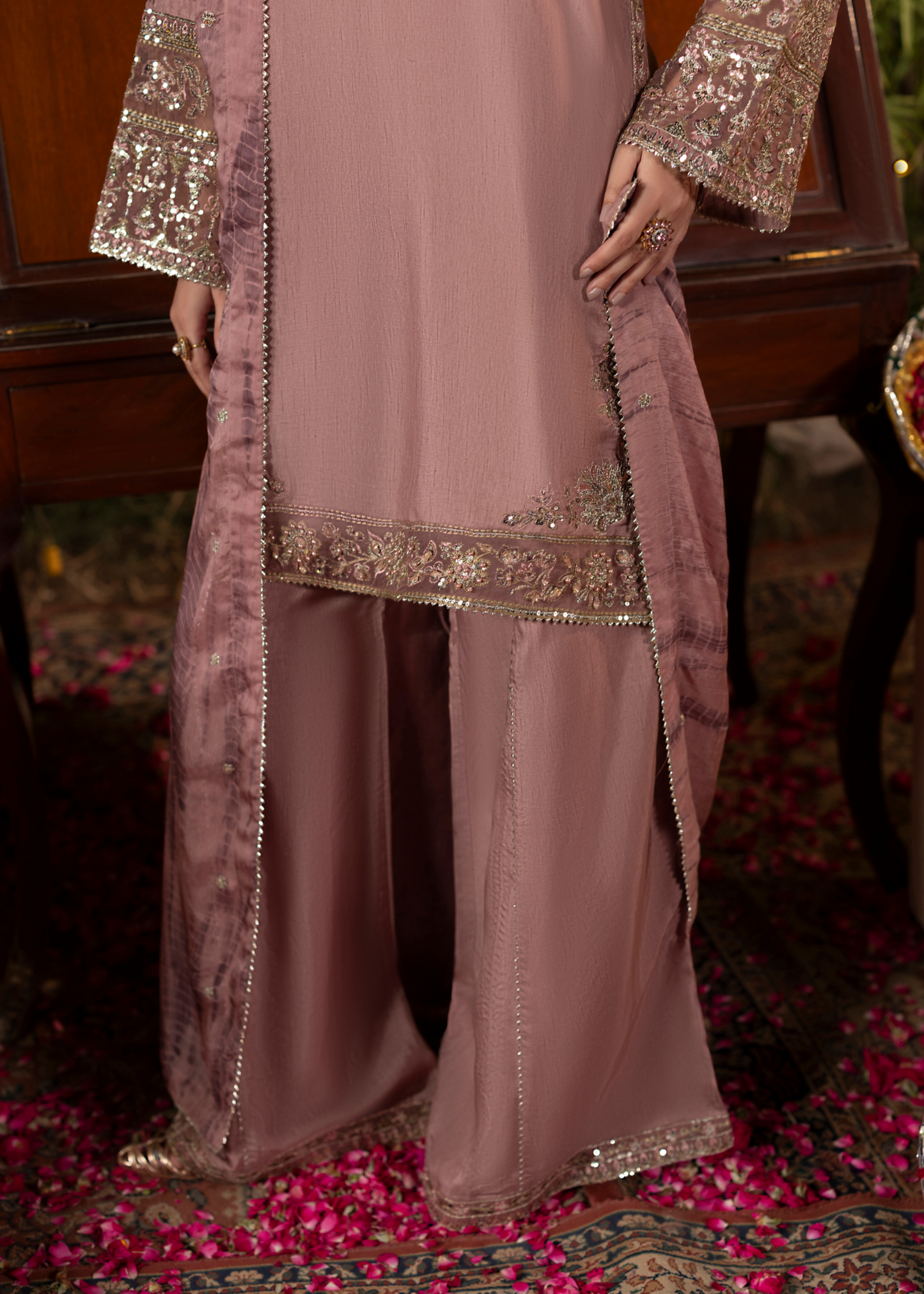 Raw Silk Mauve Embroidered Ladies Partywear Suit Online in UK USA Canada