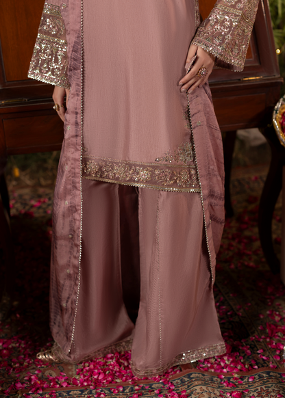 Raw Silk Mauve Embroidered Ladies Partywear Suit Online in UK USA Canada