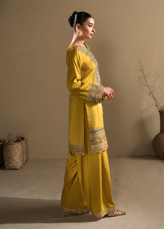 Raw Silk Mustard Embellished Farshi Shalwar Suit Online in Dubai DXB UAE Abudhabi Meena Bazaar