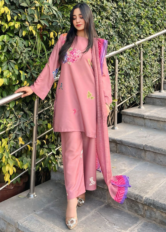 Raw Silk Printed Tea Rose Pink Salwar Kameez Online in KSA Riyadh Saudi Arabia Oman Bahrain Qatar