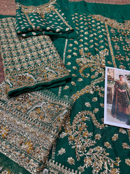 Green Hand Embellished Raw Silk Sharara