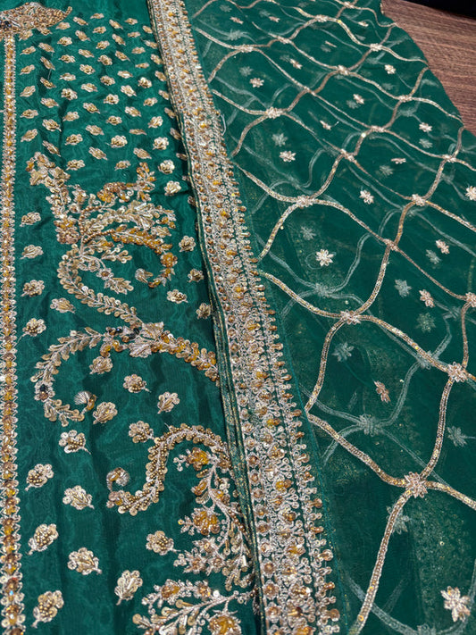 Green Hand Embellished Raw Silk Sharara