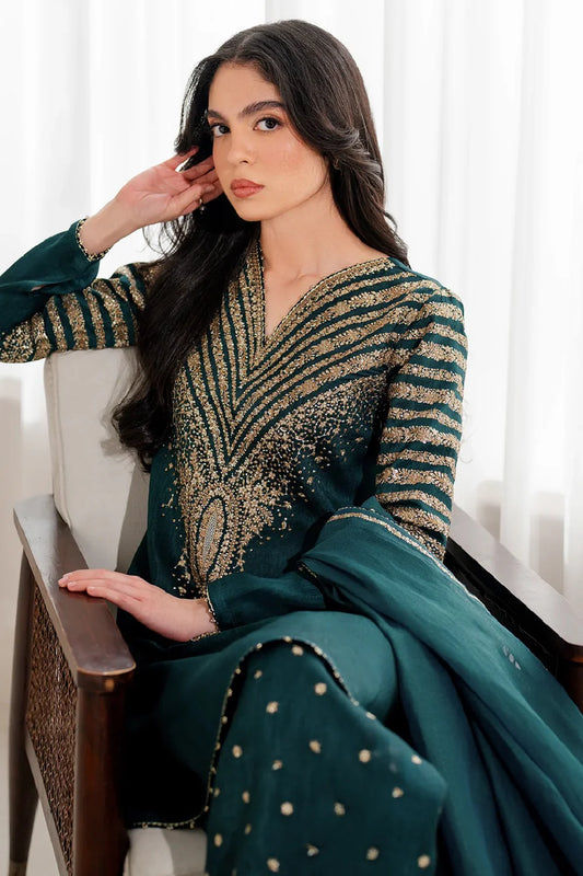 Bottle Green Sequins Embroidered Indian Raw Silk Suit