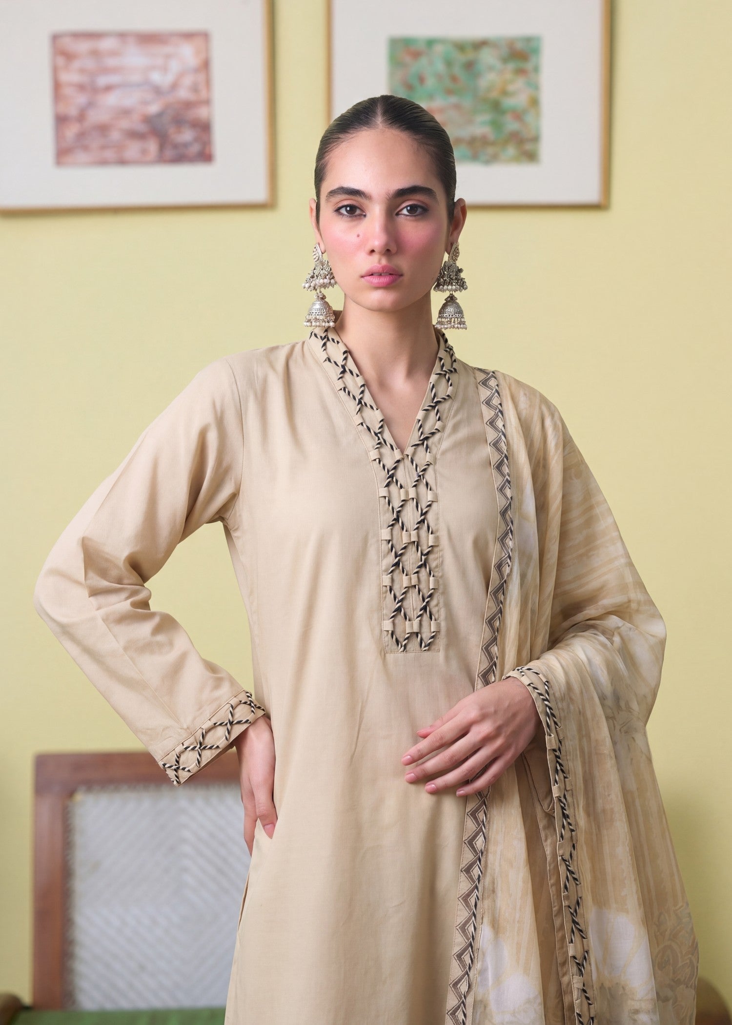 Ready to Wear Beige Lacework Lawn Outfit Online in Dubai DXB UAE Abudhabi Meena Bazaar