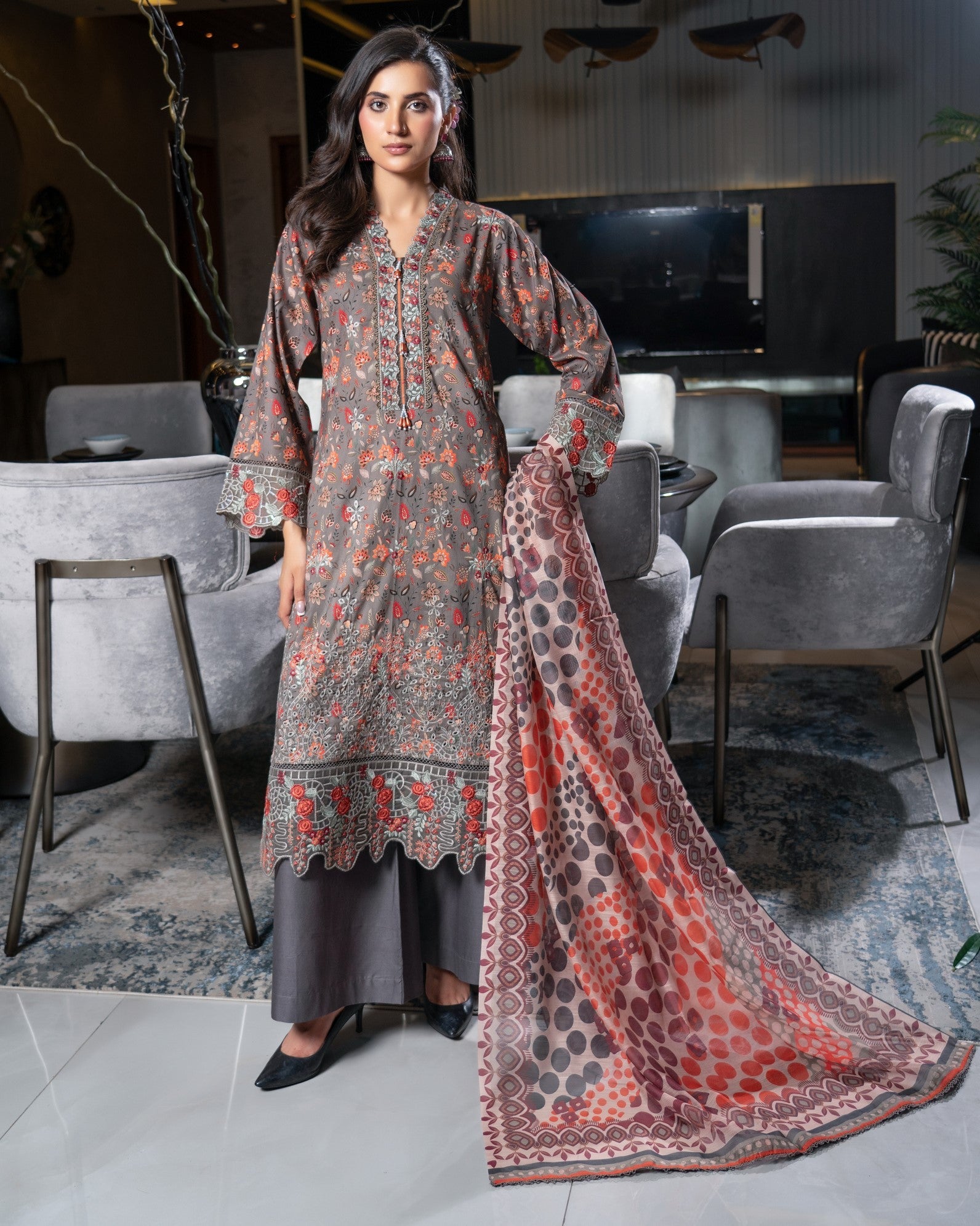 Ready to Wear Brown Patchwork Lawn Suit Online in UK USA Canada