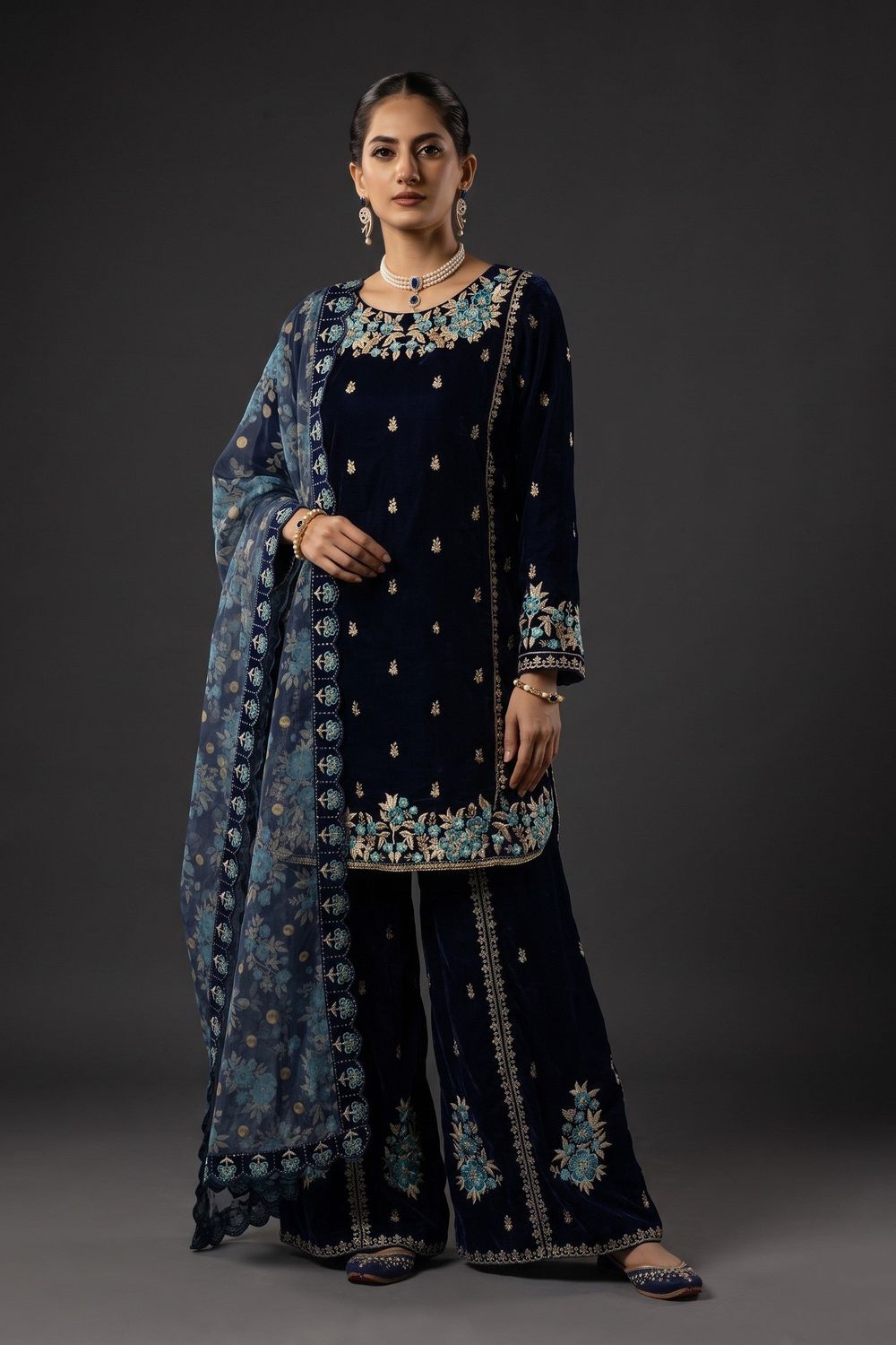 Navy Blue Velvet 3PC Ready to Wear Pakistani Suit Online in Dubai UAE Abudhabi Ajman Sharjah