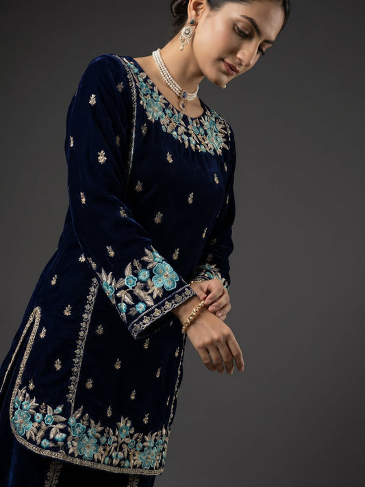 Navy Blue Velvet Net Dupatta Designer Salwar Kameez Online in UK USA Canada