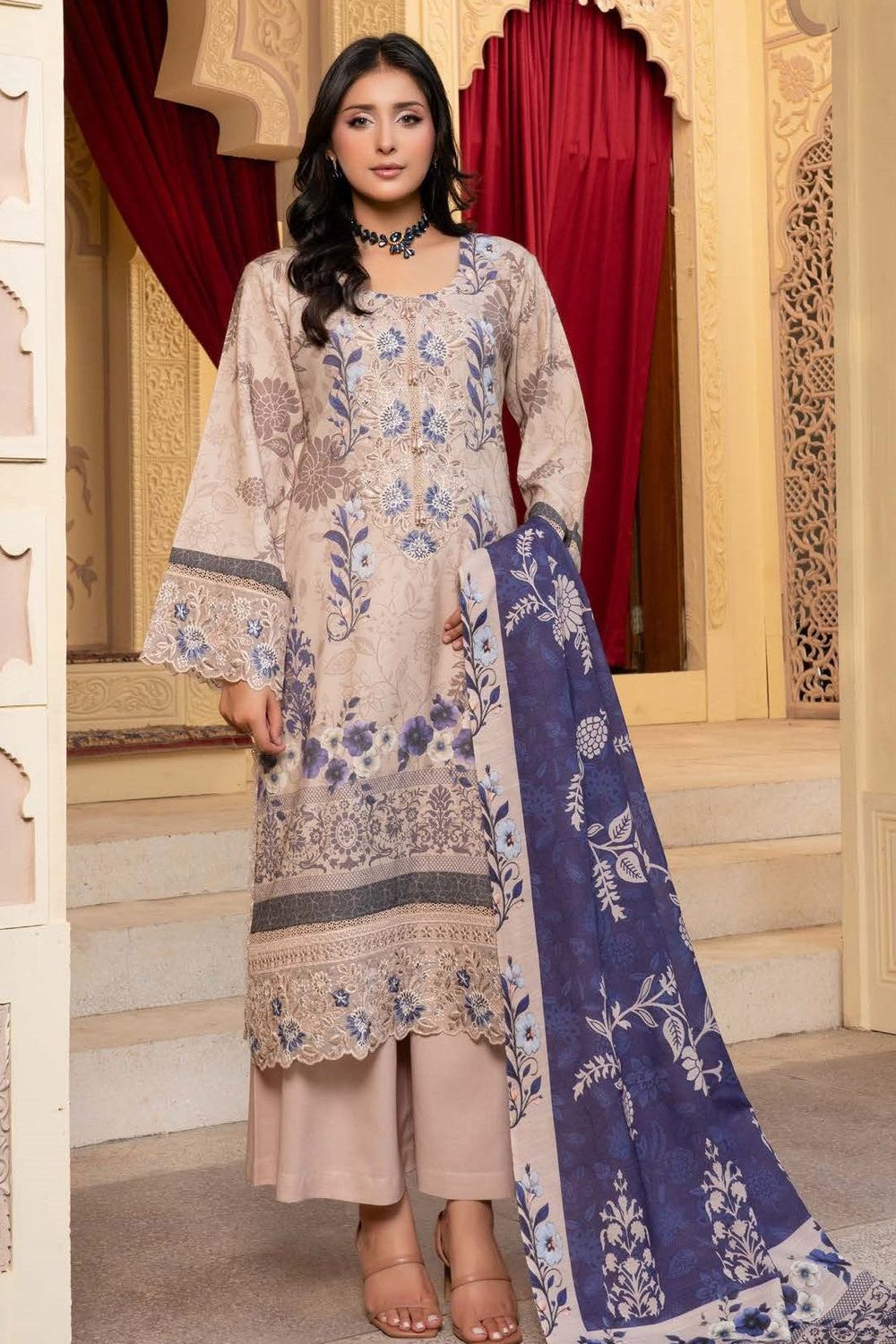 Embroidered Dhanak 3PC Ready to Wear Suit Online in Dubai UAE Abudhabi Ajman Sharjah
