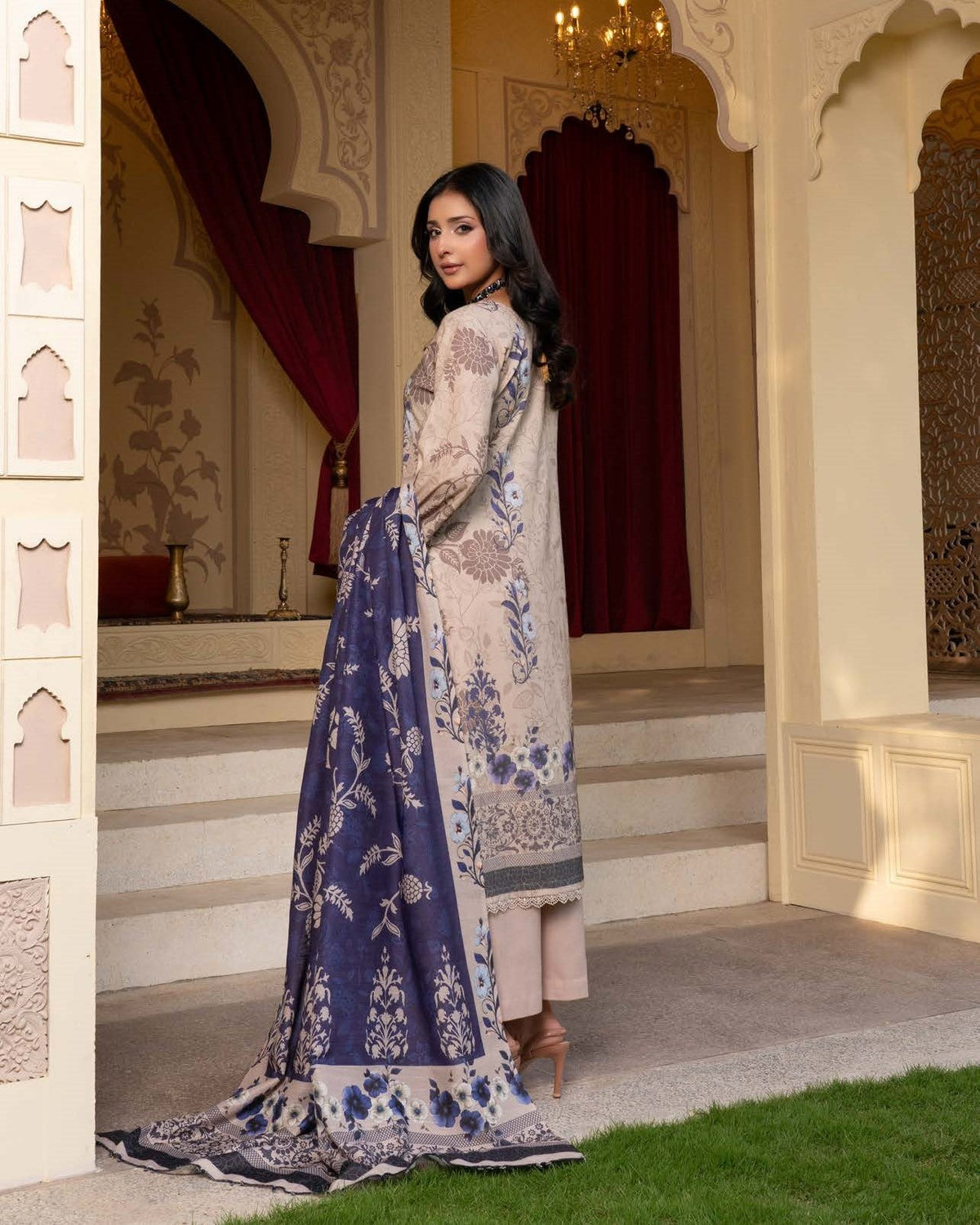 Pakistani Designer Dhanak Salwar Kameez with Plazo and Shawl Online in KSA Riyadh Saudi Arabia Oman Bahrain Qatar