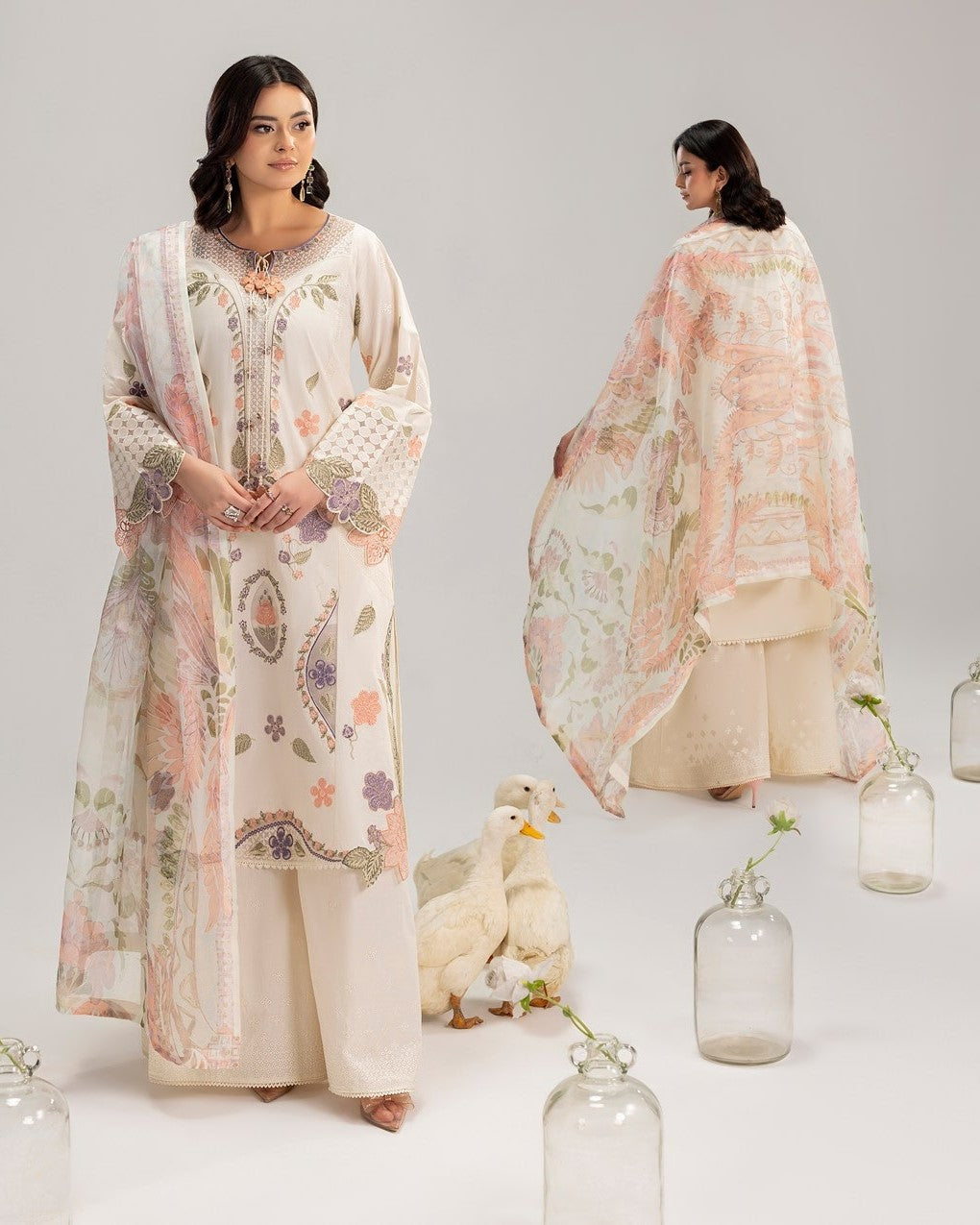 Ready to Wear Ivory Lawn Salwar Kameez Online in Sri Lanka India Australia