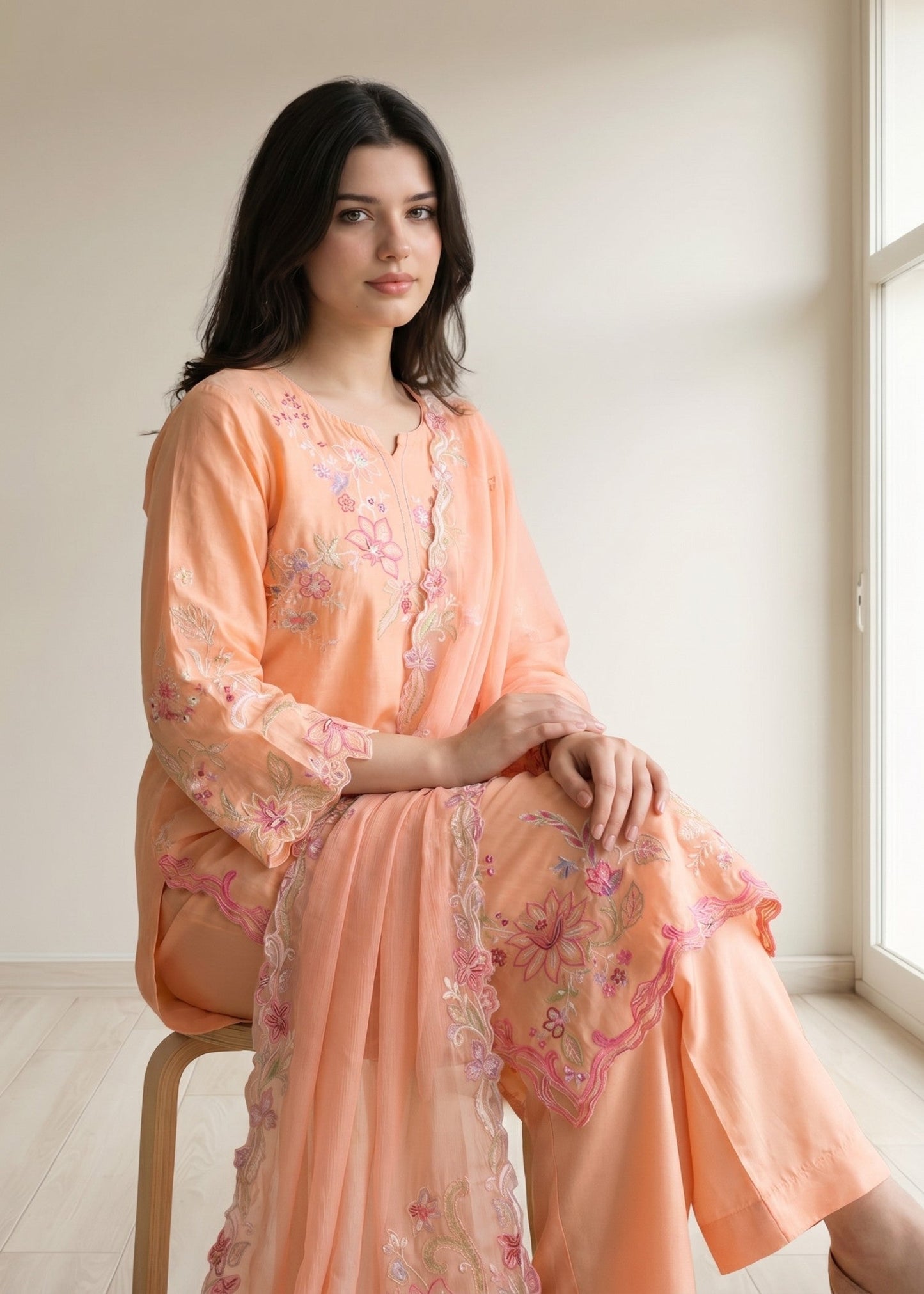 Ready to Wear Peach Embroidered Lawn Cotton Suit Online in Dubai DXB UAE Abudhabi Meena Bazaar