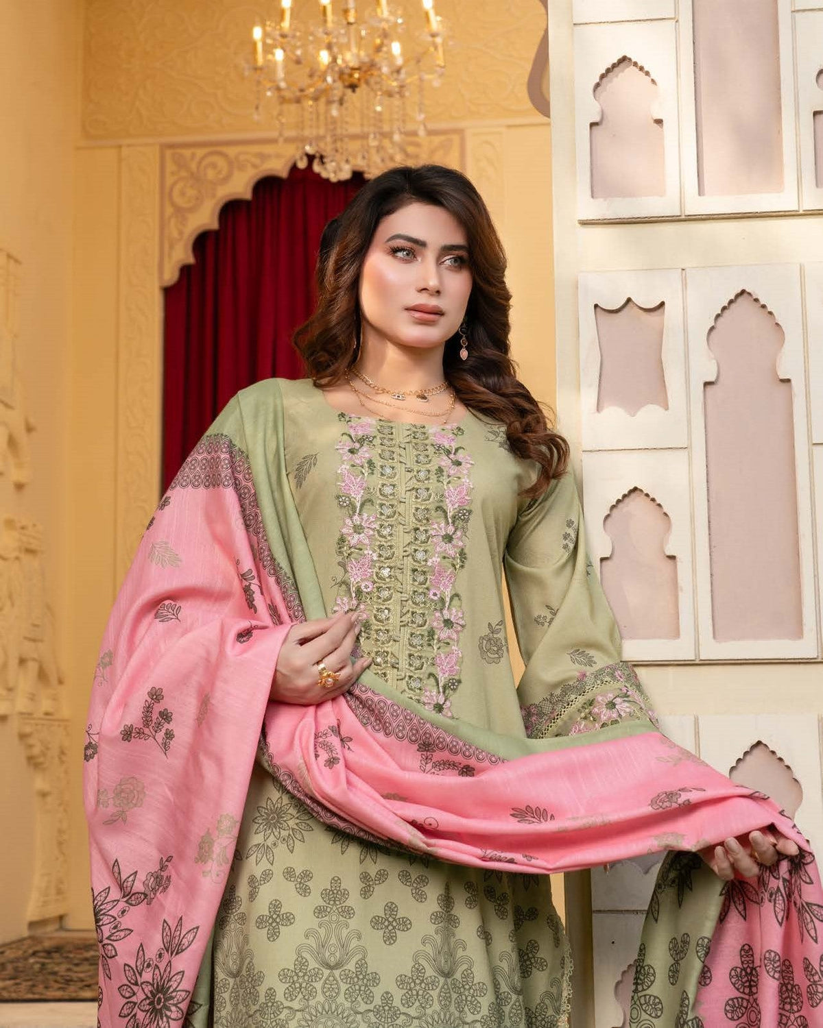 Ready to Wear Pistachio Embroidered Dhanak Suit Online in Dubai DXB UAE Abudhabi Meena Bazaar