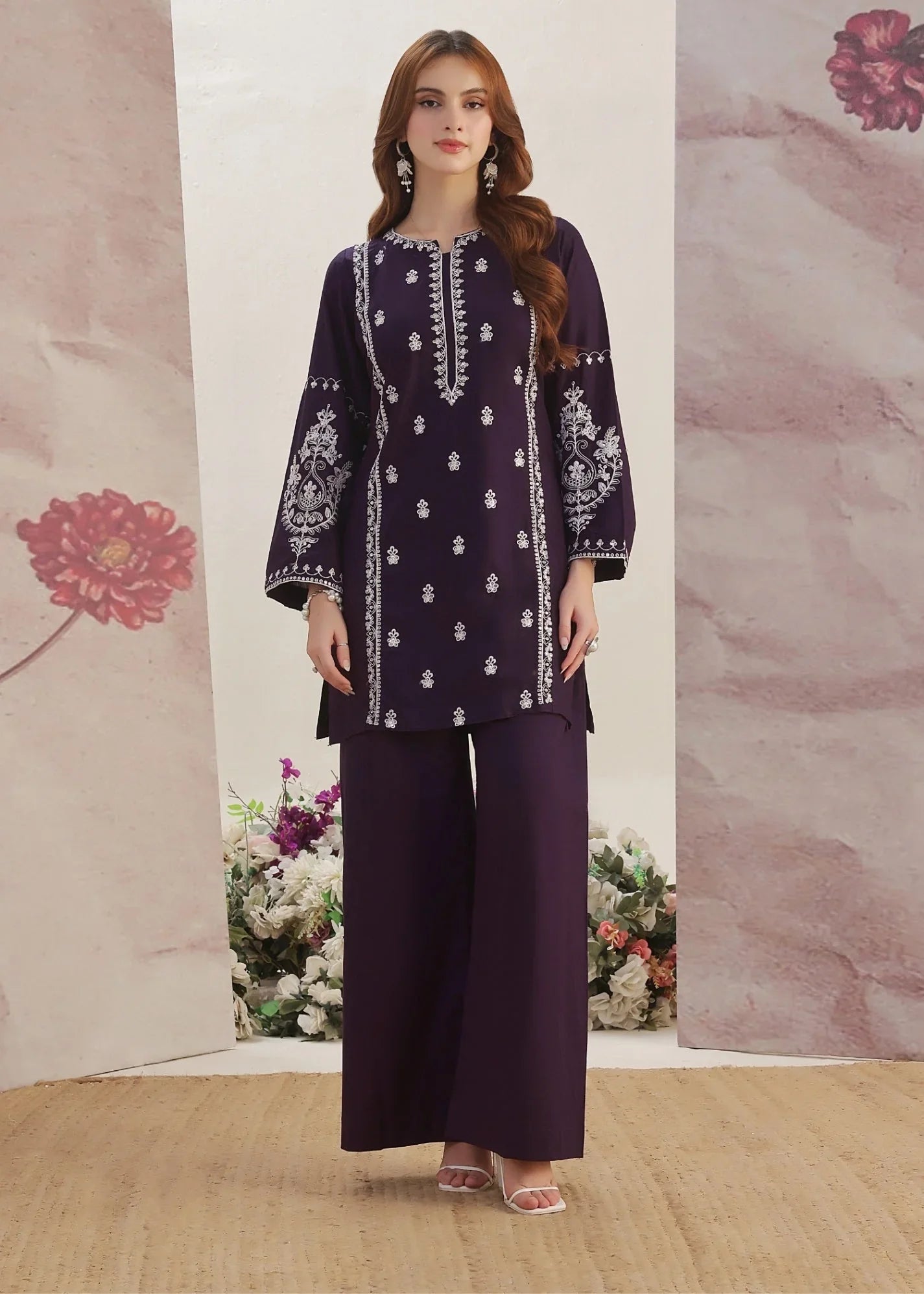 Ready to Wear Purple Embroidered Kurta Set Online in KSA Riyadh Saudi Arabia Oman Bahrain Qatar