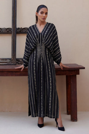 Black Embroidered Linen Kaftan Online in Dubai UAE Abudhabi Ajman Sharjah