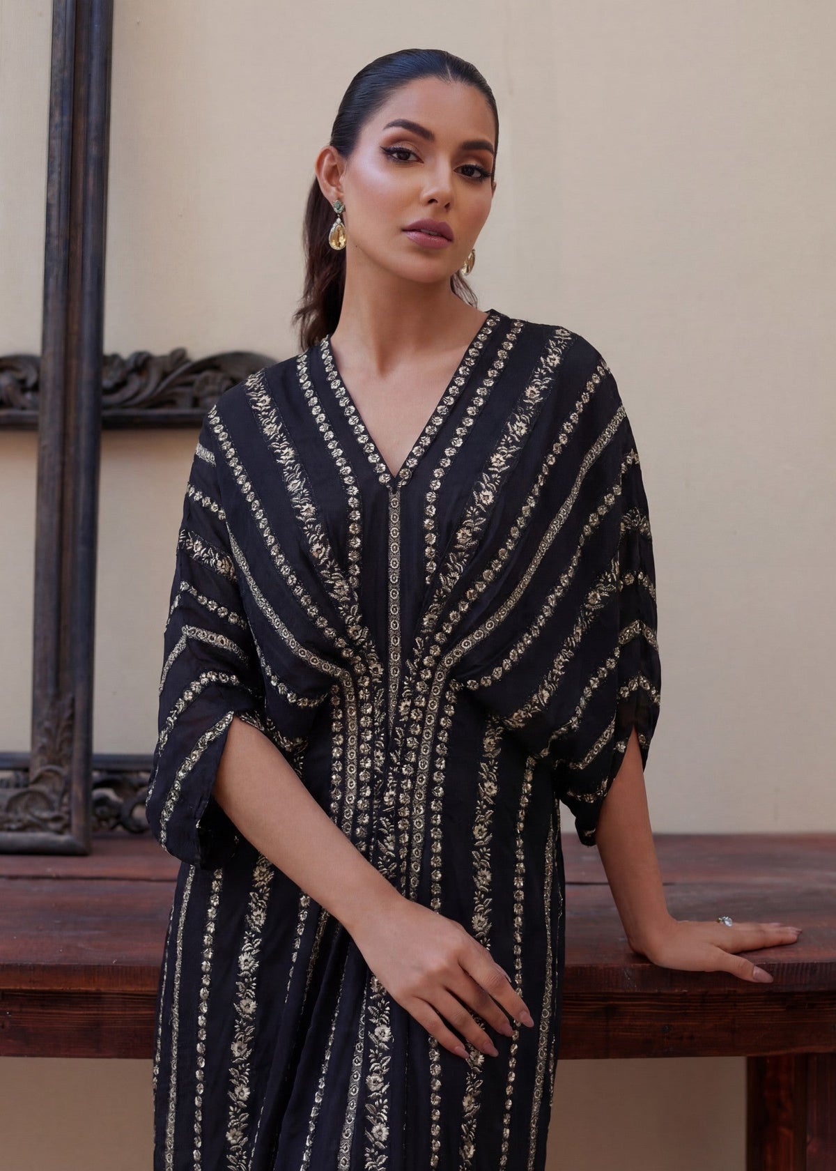 Black Linen Kaftan Trending Pakistani Suit Online in Dubai UAE Abudhabi Ajman Sharjah