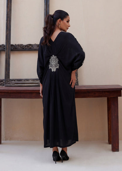 Ladies Black Linen Kaftan Pakistani Clothes Online in KSA Riyadh Saudi Arabia Oman Bahrain Qatar
