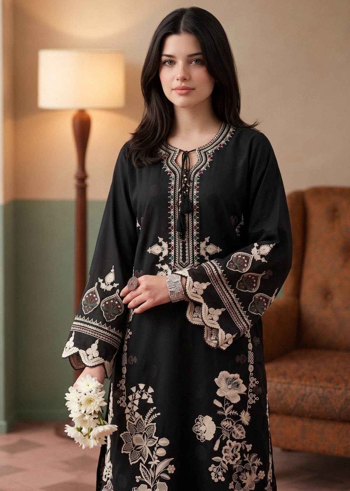 Black Embroidered Daily Wear Kurta Set Online in Dubai DXB UAE Abudhabi Meena Bazaar