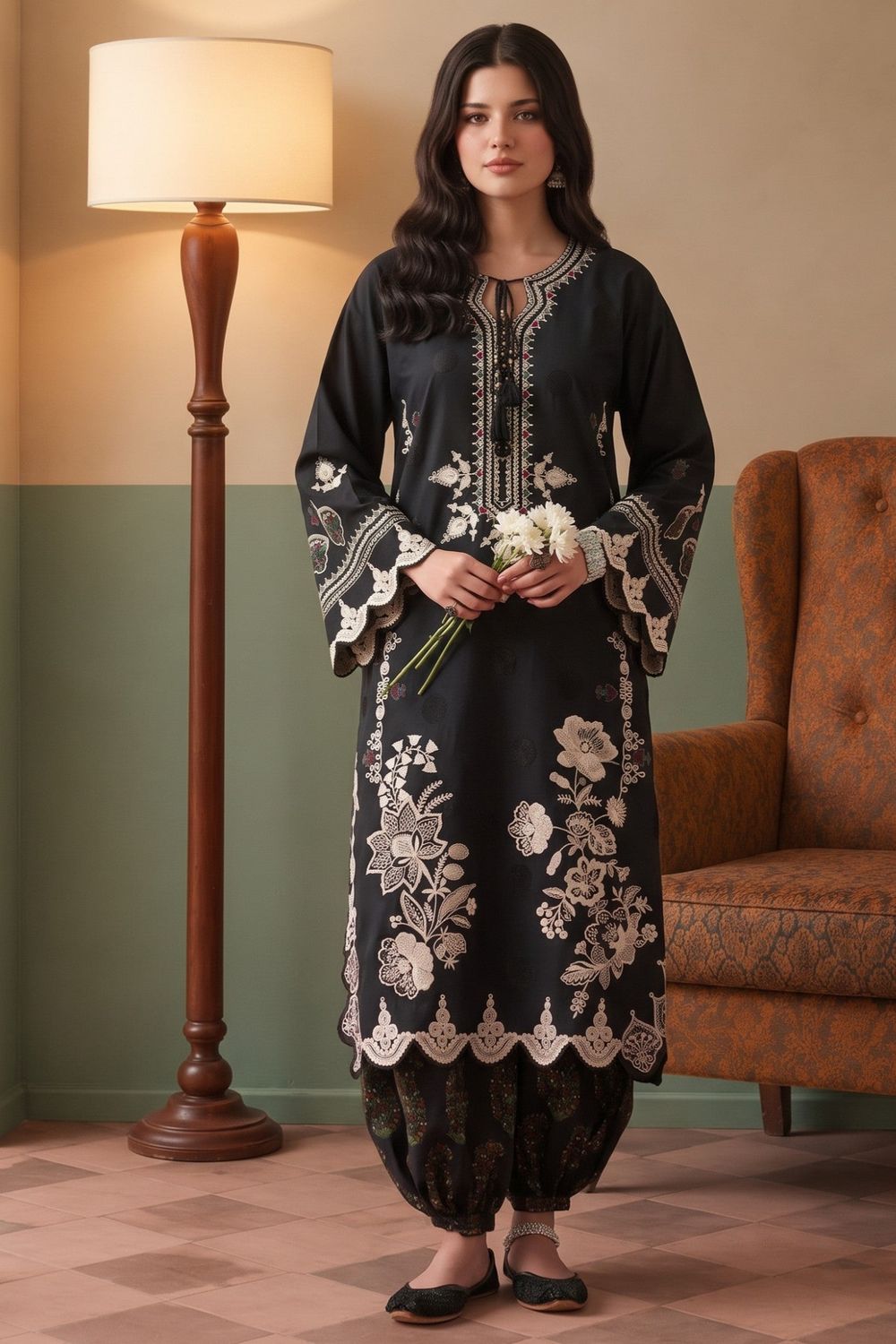 Black Embroidered Lawn Cotton Kurta Set Online in Dubai UAE Abudhabi Ajman Sharjah