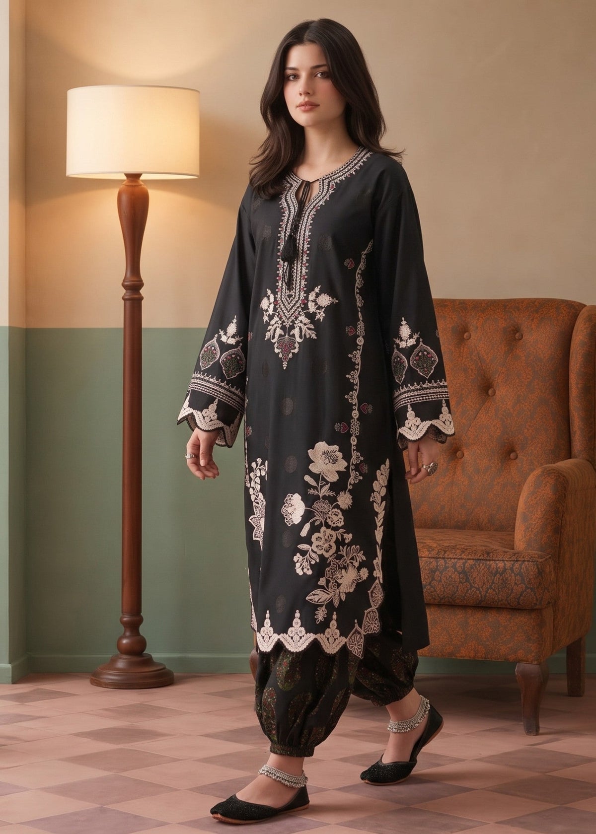 Black Lawn Cotton Patiala Shalwar Kurta Set Online in Dubai UAE Abudhabi Ajman Sharjah