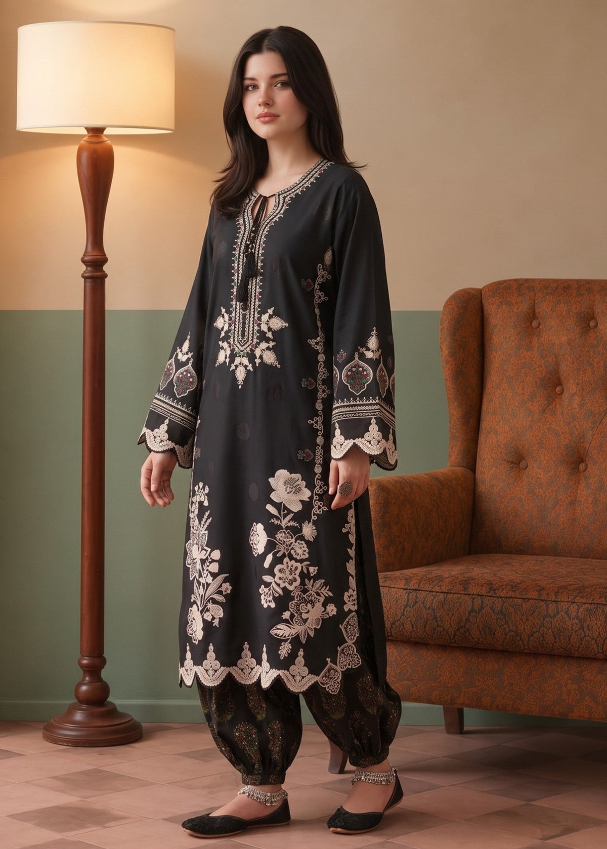 Black Summer Wear Lawn Cotton Kurta Set Online in UK USA Canada