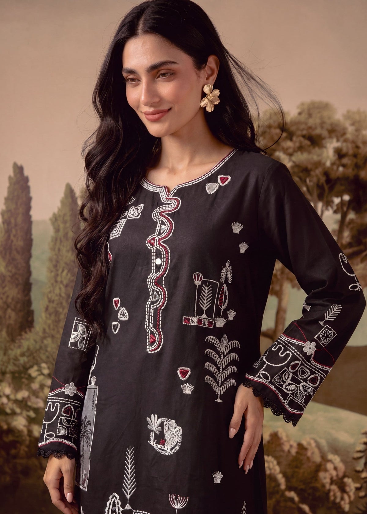 Black Cotton Embroidered Kurta Set Online in UK USA Canada