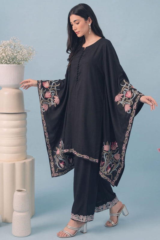 Black Embroidered Dhanak Kaftan with Plazzo Online in Dubai UAE Abudhabi Ajman Sharjah