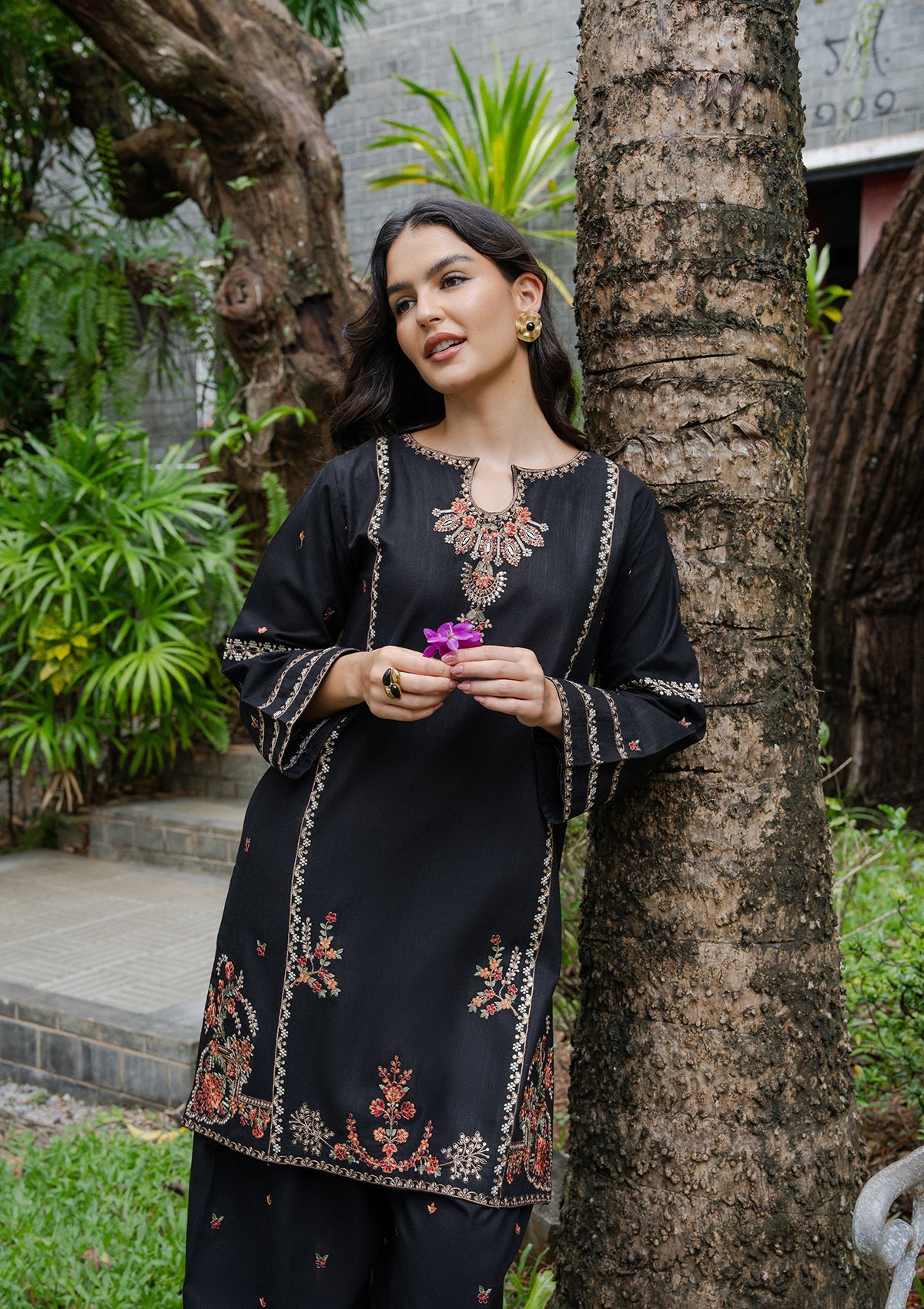 Black Embroidered Khaddar Kurta Set for Ladies Online in Dubai UAE Abudhabi Ajman Sharjah