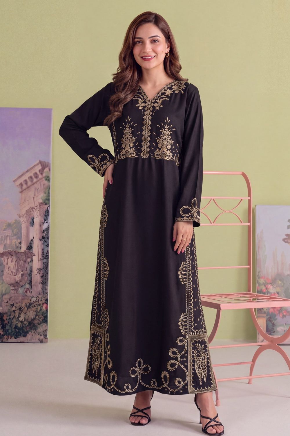 Black Embroidered Linen Kaftan Online in Dubai UAE Abudhabi Ajman Sharjah