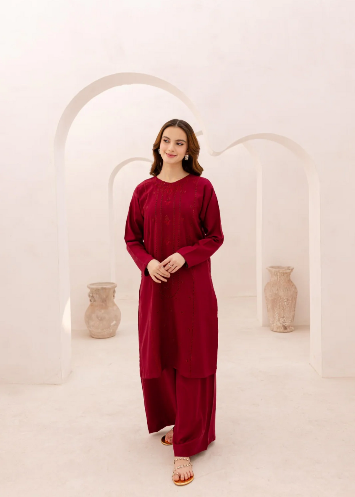 Embroidered Maroon Cotton Kurta Set Online in Sri Lanka India Australia