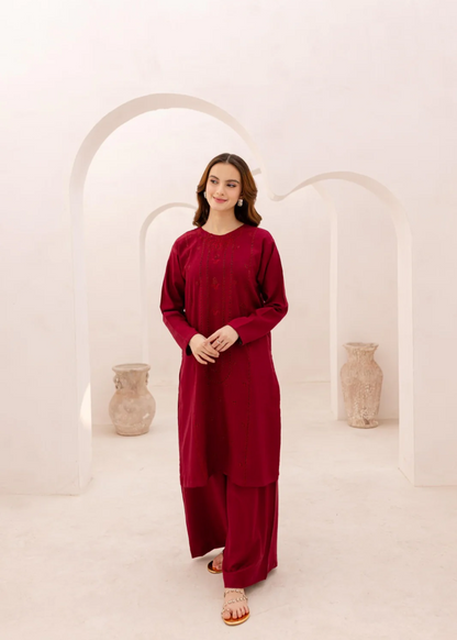 Embroidered Maroon Cotton Kurta Set Online in Sri Lanka India Australia