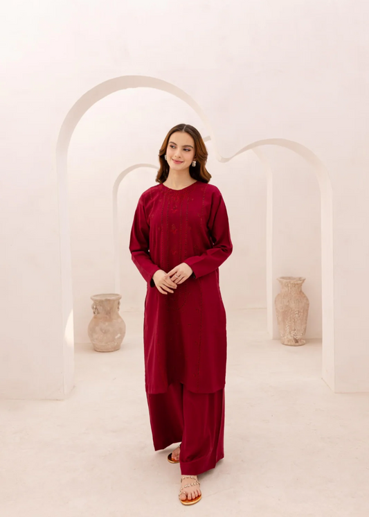 Embroidered Maroon Cotton Kurta Set Online in Sri Lanka India Australia