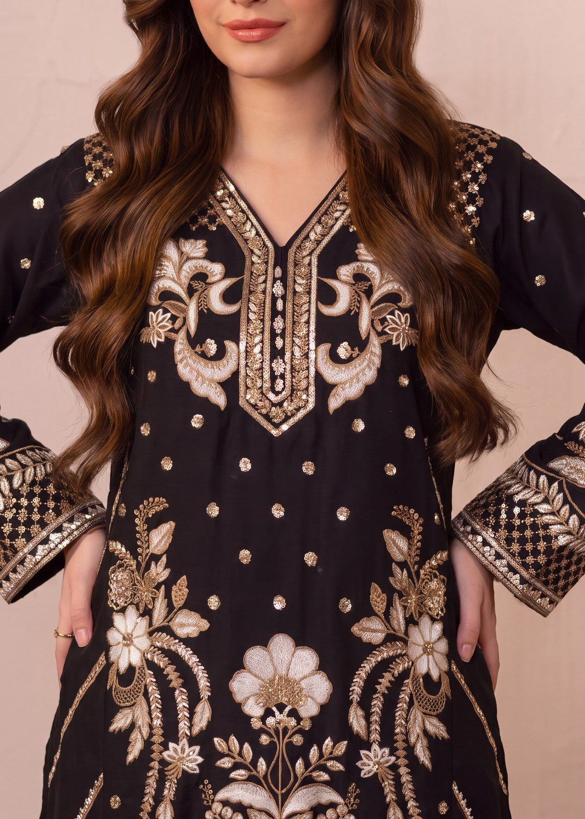 Ladies Black Embroidered Dhanak Kurta Set Online in UK USA Canada