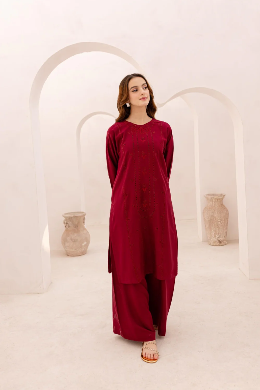Maroon Embroidered Cotton Kurta Set Online in Dubai UAE Abudhabi Ajman Sharjah